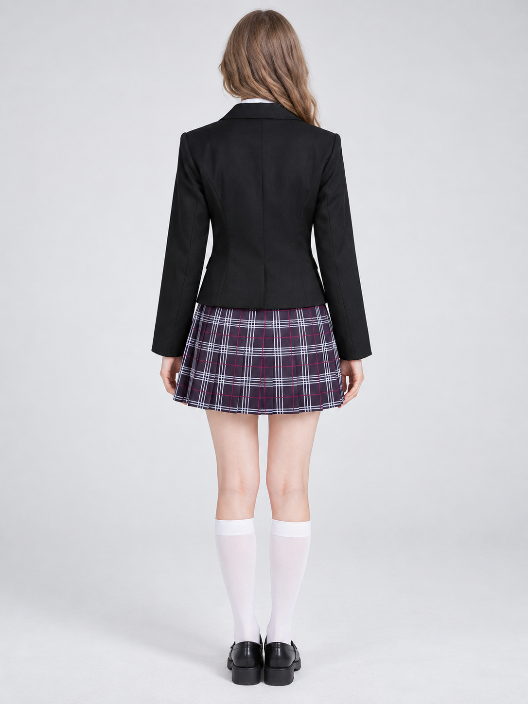 School-Style Cosplay Costume with Plaid Skirt back view