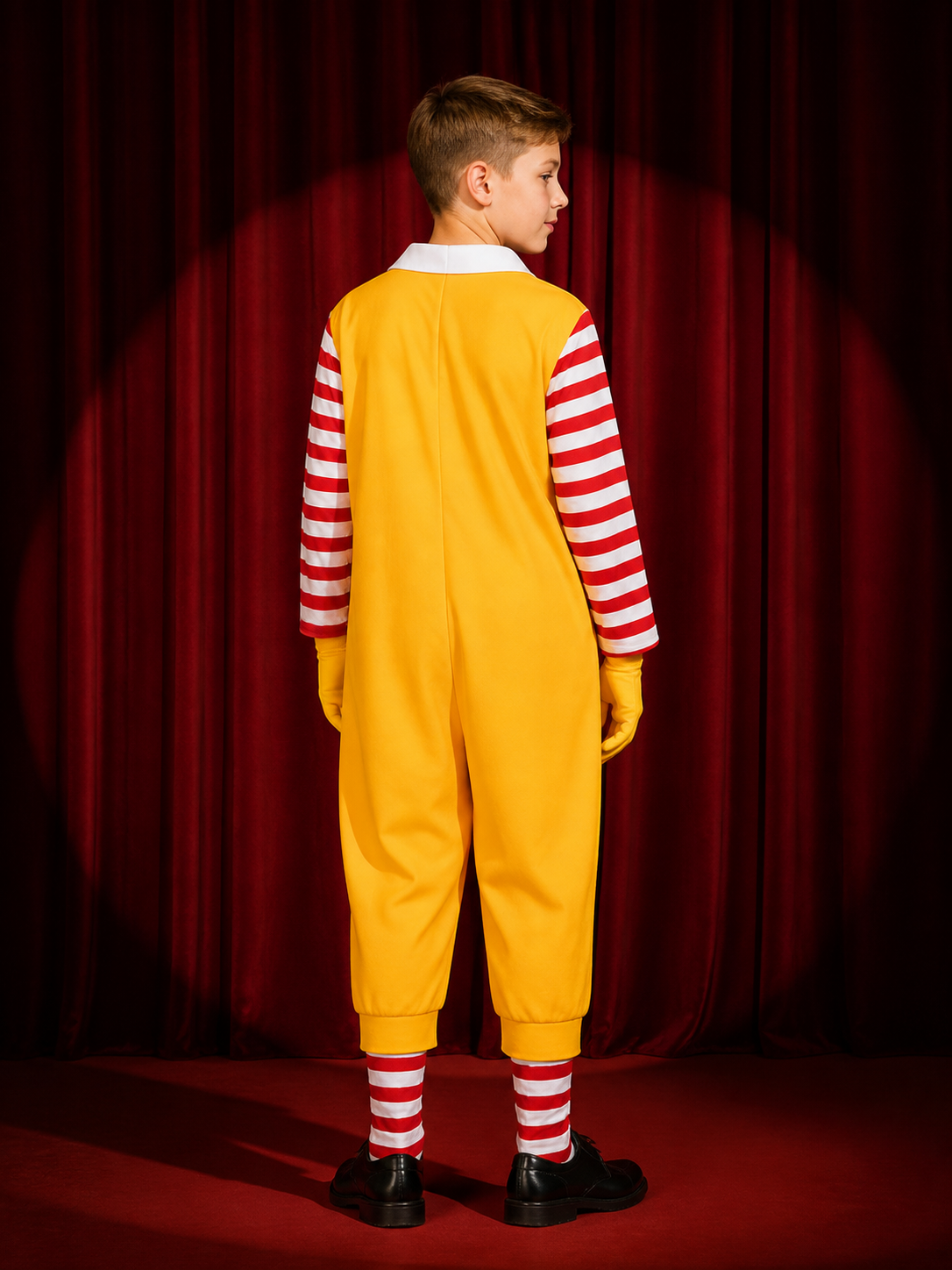 Clown Jumpsuit Costume, Yellow With Red And White Stripes, Halloween Cosplay back view