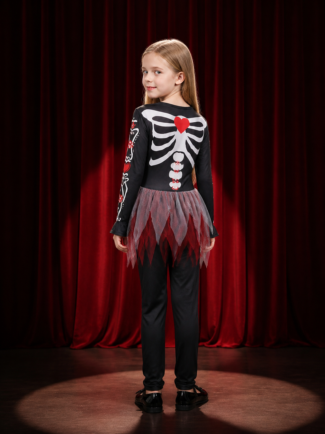Girls Black Skeleton Jumpsuit With Tulle Skirt Halloween Costume back view
