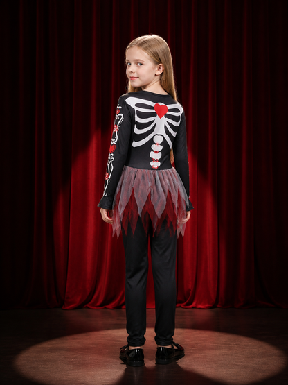 Girls Black Skeleton Jumpsuit With Tulle Skirt Halloween Costume back view