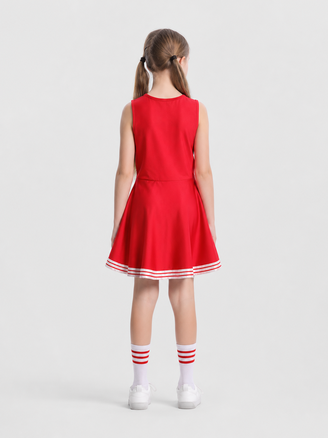 Red Girls' Cheerleading Dress with White Stripes back view