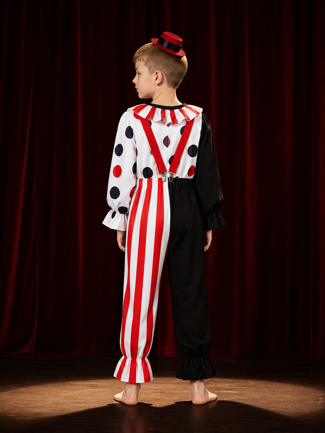 Men's Clown Costume Set With Polka Dot Top, Striped Pants, Hat and Suspenders back view