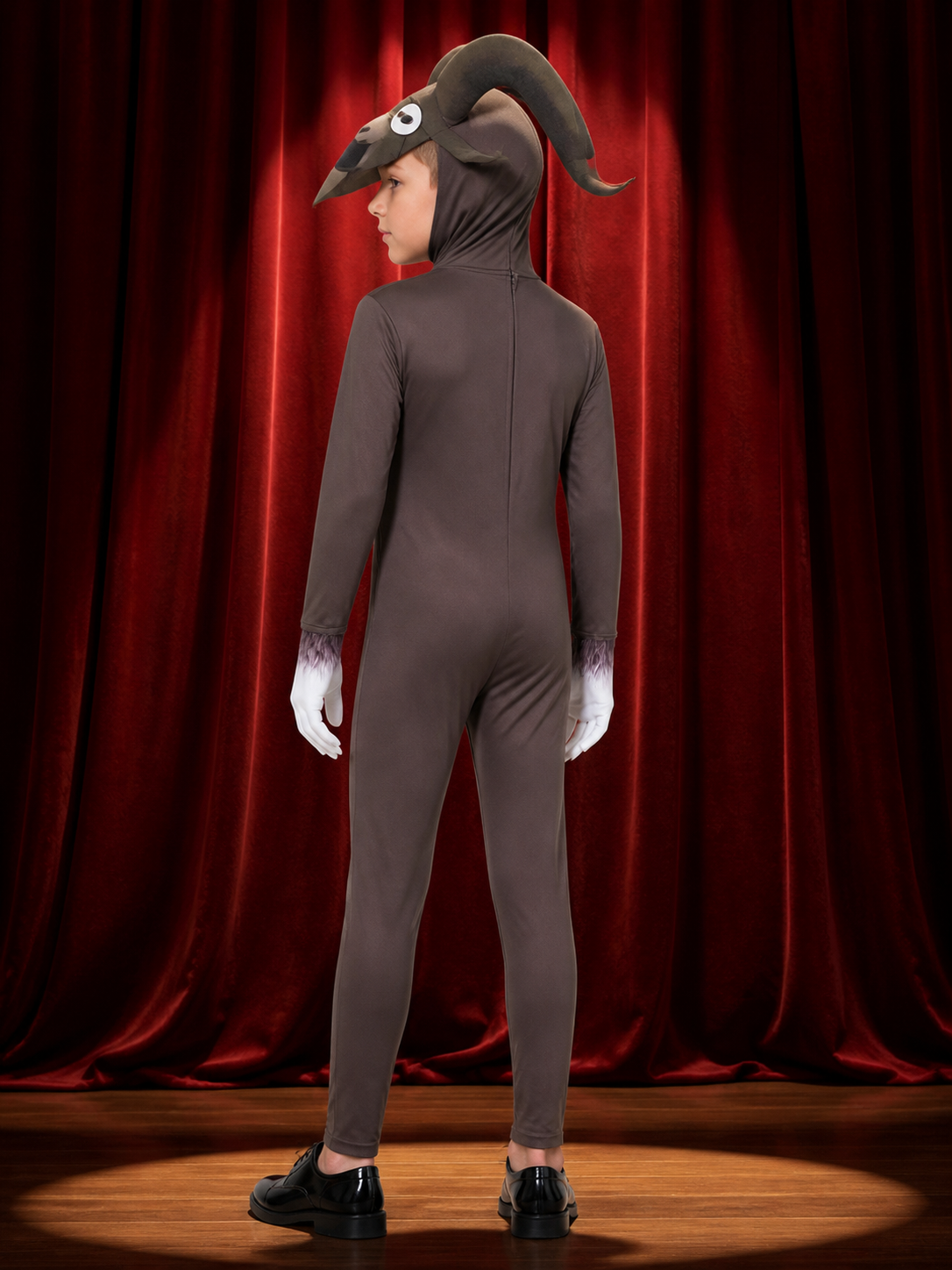 Goat Monster Kids Costume, Brown Animal Onesie with Horned Mask for Halloween back view