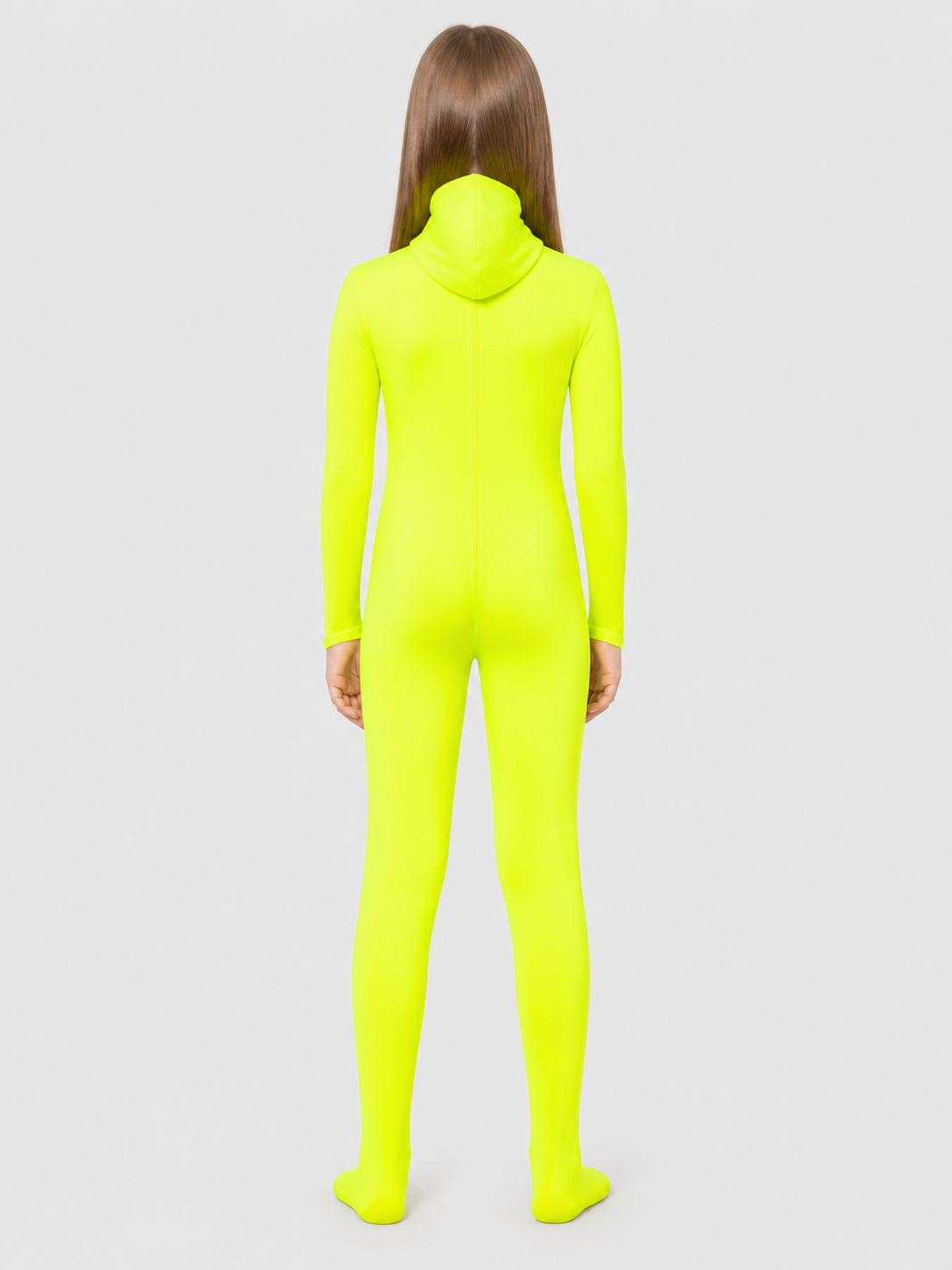 One-Piece Zentai Jumpsuit in Lime Green with Hood back view