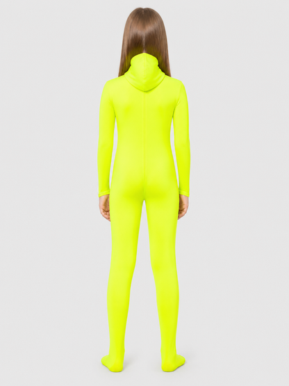 One-Piece Zentai Jumpsuit in Lime Green with Hood back view