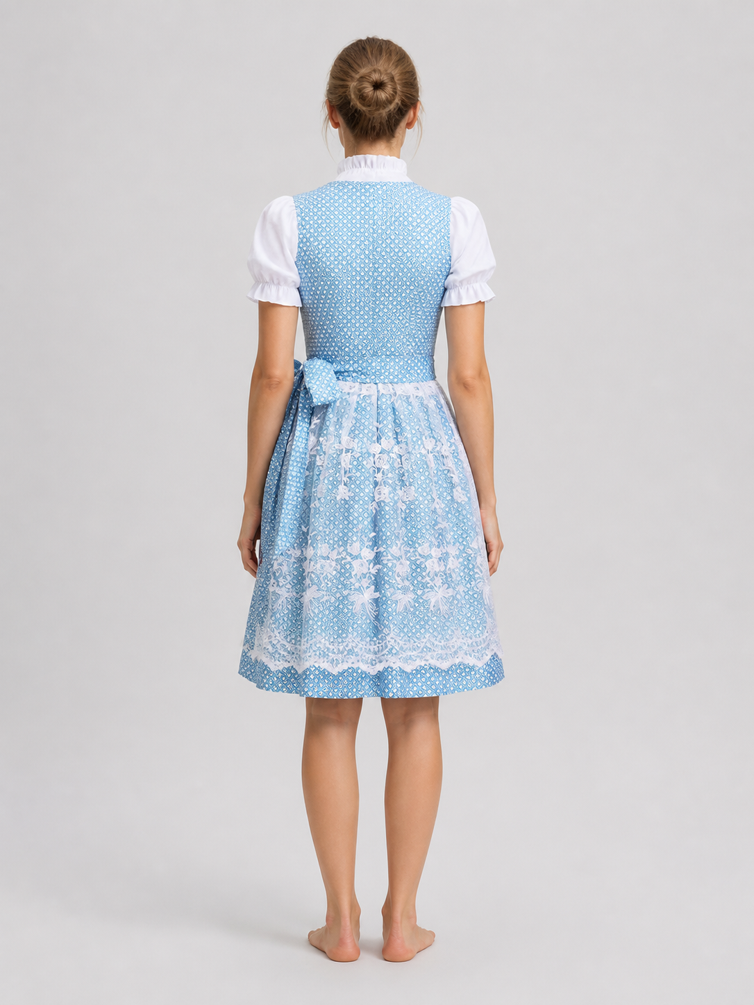 Blue and White Bavarian-Style Dress with Lace Trim back view