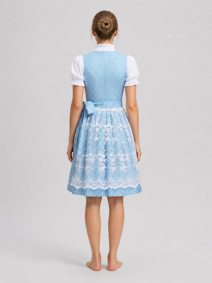 Blue and White Bavarian-Style Dress with Lace Trim back view