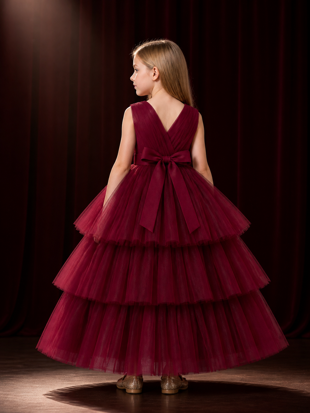 Girls' Burgundy Princess Dress, Sleeveless V-Neck Tiered Tulle Formal Gown back view