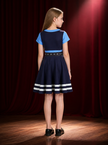 Kids Police Officer Costume Dress with Badge Print and White Stripes back view