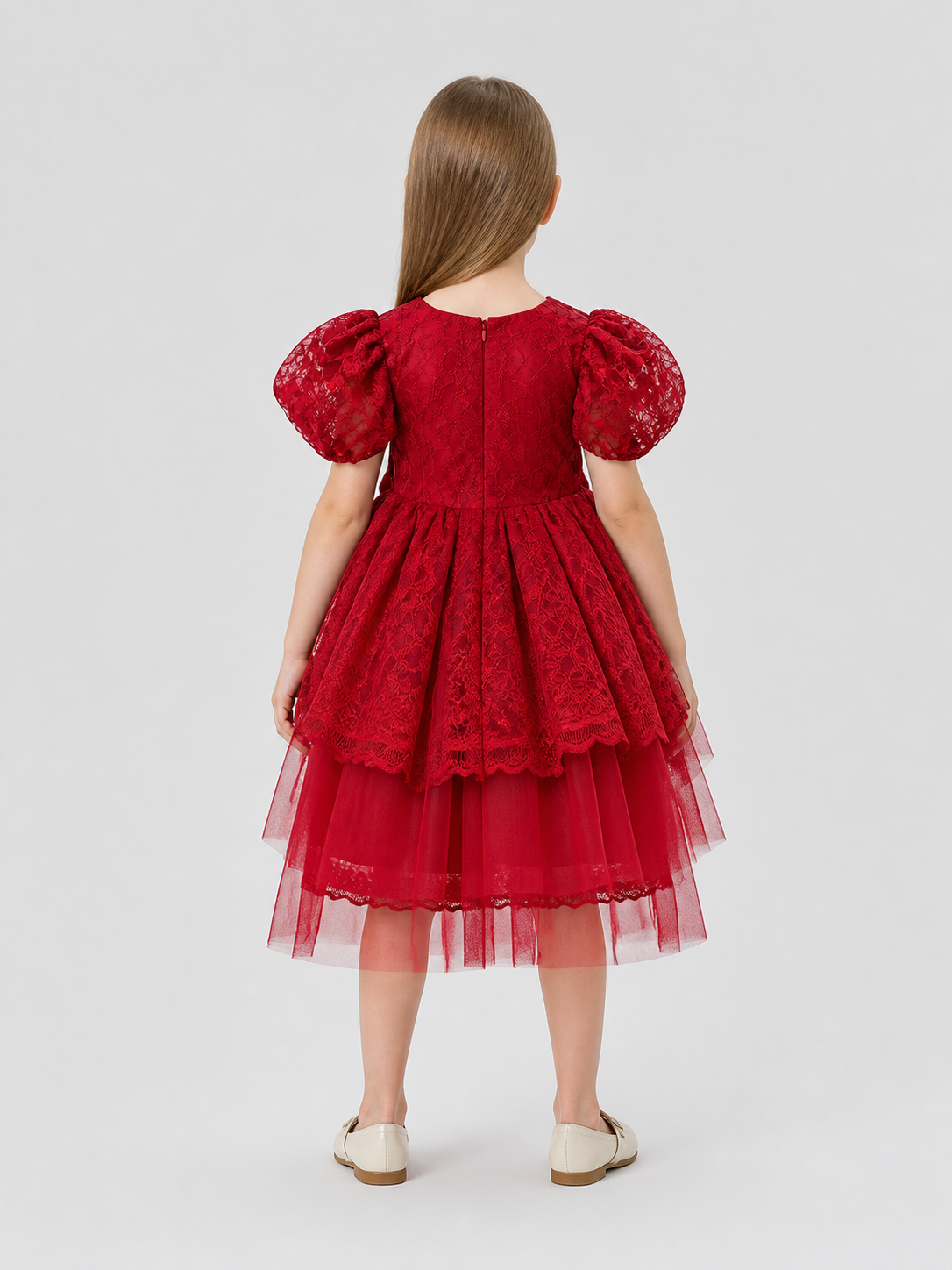 Festive Princess Dress with Lace and Full Skirt back view