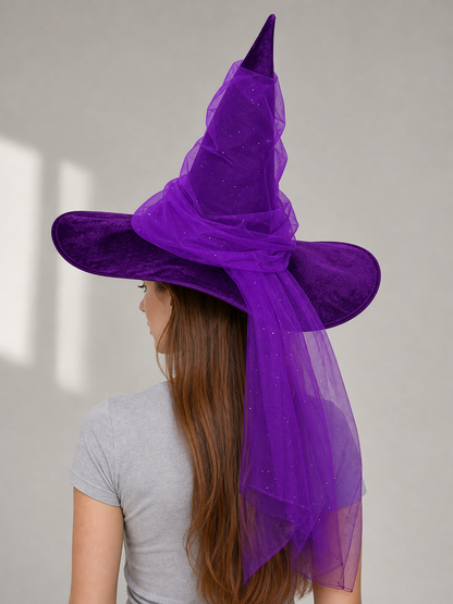 Purple Halloween Witch Hat for Women and Men, Tall Pointed Wide Floppy Brim with Layered Sheer Mesh Draping and Glitter-Like Specks for Cosplay Costume Party