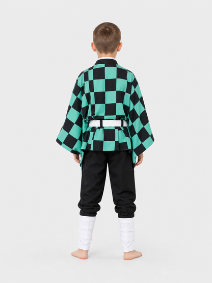 Tanjiro Cosplay: Costume with Checkered Cape, Set back view