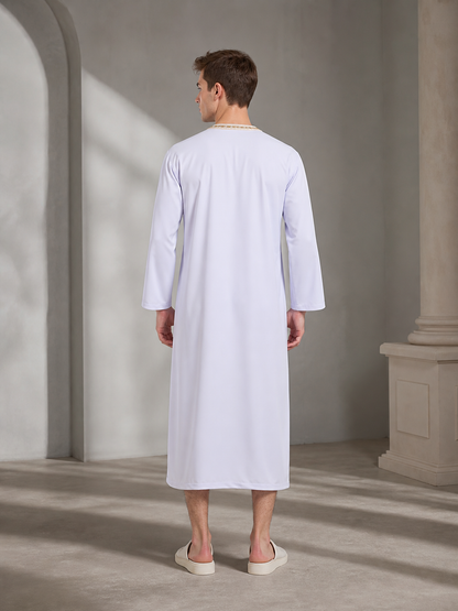 Men's White Traditional Islamic Robe with Gold-Toned Embroidered Trim, Long Sleeves, Collarless Neckline for Prayer and Formal Occasions