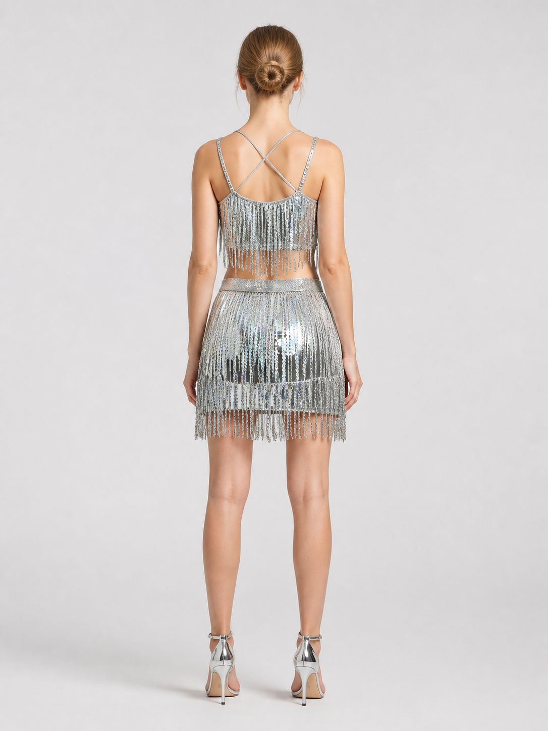 Latin Dance Costume: Sequin and Fringe Top and Skirt back view