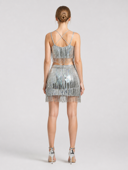 Latin Dance Costume: Sequin and Fringe Top and Skirt back view