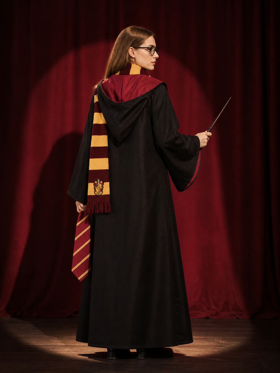 Academy-Style Wizard Robe Costume Set with Tie, Scarf, Wand and Glasses back view
