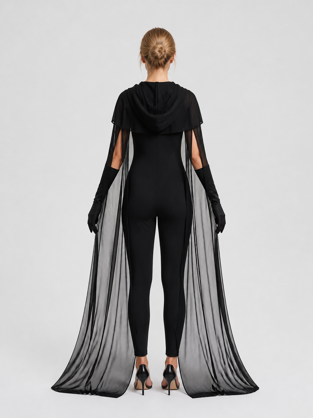 Black Vampire Costume with Long Cape and Gloves back view