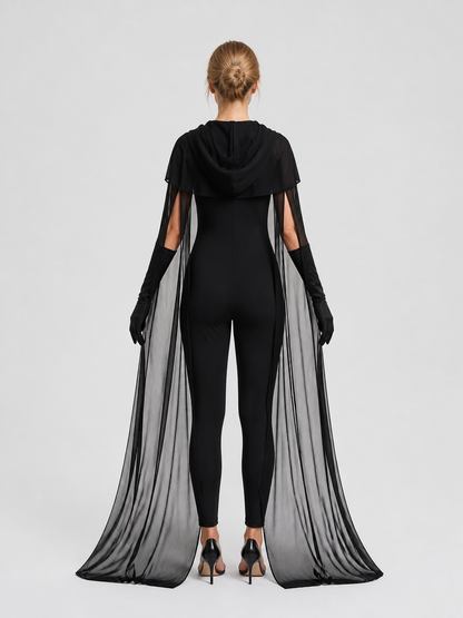 Black Vampire Costume with Long Cape and Gloves back view