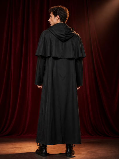 Adult Wizard Hooded Robe Costume, Black Long Cape Style Cosplay Outfit back view