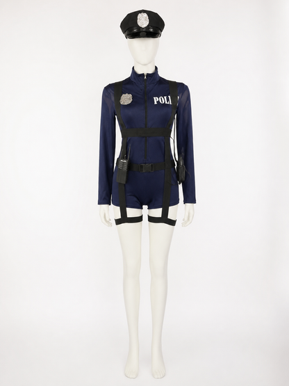 Police Costume Set with Dark Blue Jumpsuit, Hat and Prop Radio Cosplay Outfit back view