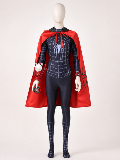 Kids' Black Spider-Themed Full-Body Bodysuit Costume With Cape And Web Shooter back view
