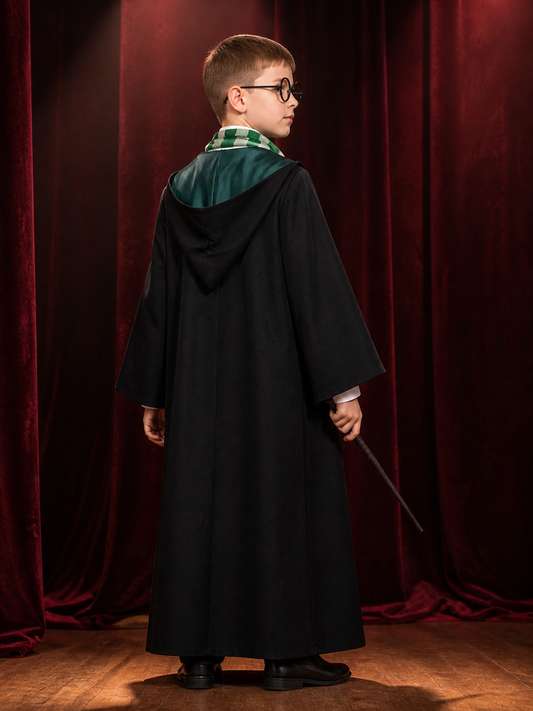 Kids Wizard Costume Set, Black Hooded Robe with Green Striped Scarf, Tie, Wand & back view