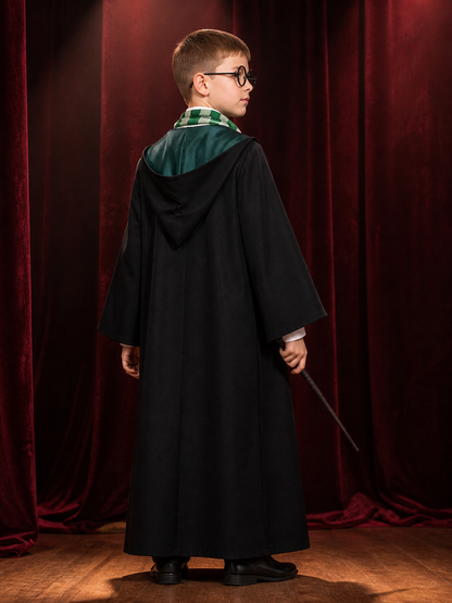 Kids Wizard Costume Set, Black Hooded Robe with Green Striped Scarf, Tie, Wand & back view