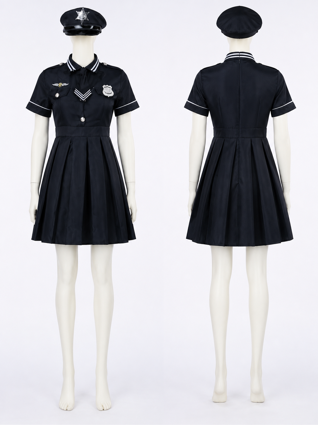 Women's Police Costume Dress Set With Hat, Black Short Sleeve Cosplay Outfit back view