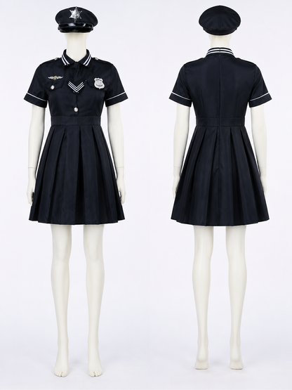 Women's Police Costume Dress Set With Hat, Black Short Sleeve Cosplay Outfit back view