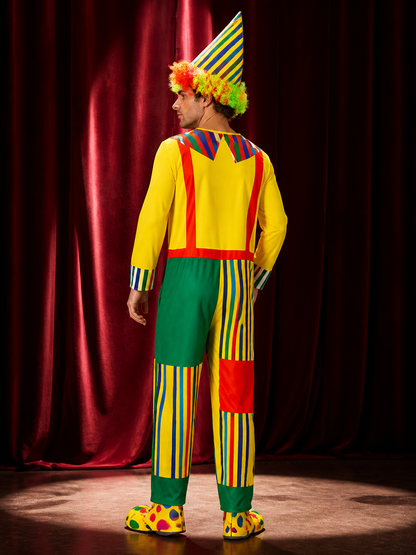 Unisex Clown Costume Set - Multi-Color Striped Jumpsuit with Pointy Hat, Circus back view