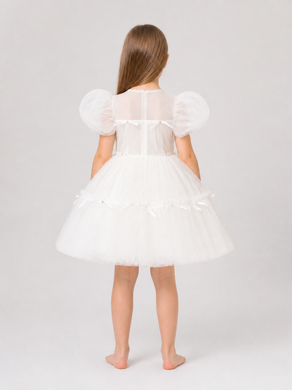 White Princess Dress with a Full Skirt and Bows back view