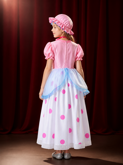 Girl's Shepherdess Costume Dress with Bonnet, Polka Dots, Vintage Style back view