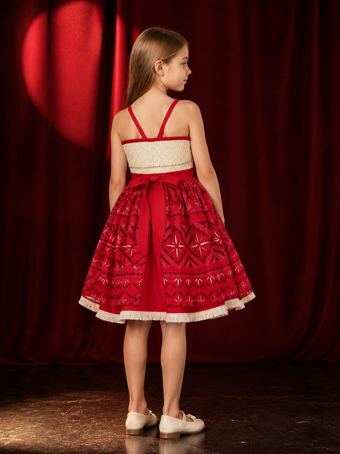 Girls' Princess Dress Costume, Red Geometric Print Lace Bodice Party Outfit With back view