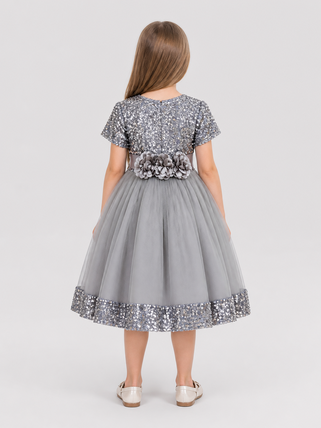 Dressy Sequin Dress with 3D Flowers and Full Skirt
