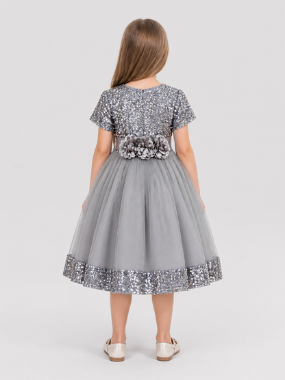 Dressy Sequin Dress with 3D Flowers and Full Skirt