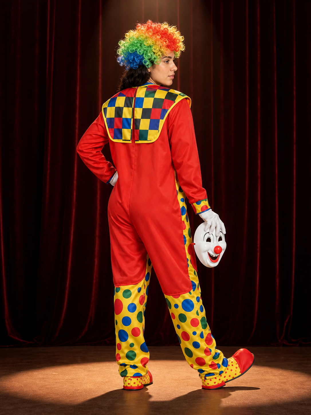 Unisex Colorful Clown Jumpsuit Costume Set With Wig, Collar And Boots back view