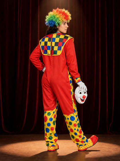 Unisex Colorful Clown Jumpsuit Costume Set With Wig, Collar And Boots back view