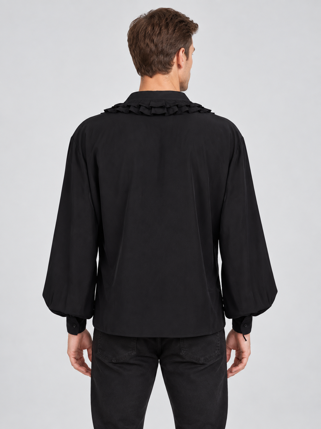 Black Shirt with Asymmetric Placket and Ruffles