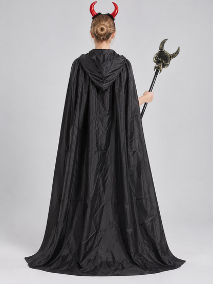 Costume set with cape, horns, and staff back view