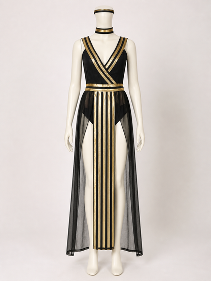 Egyptian Queen Black and Gold Halloween Dress Costume Set with Headpiece, Collar back view