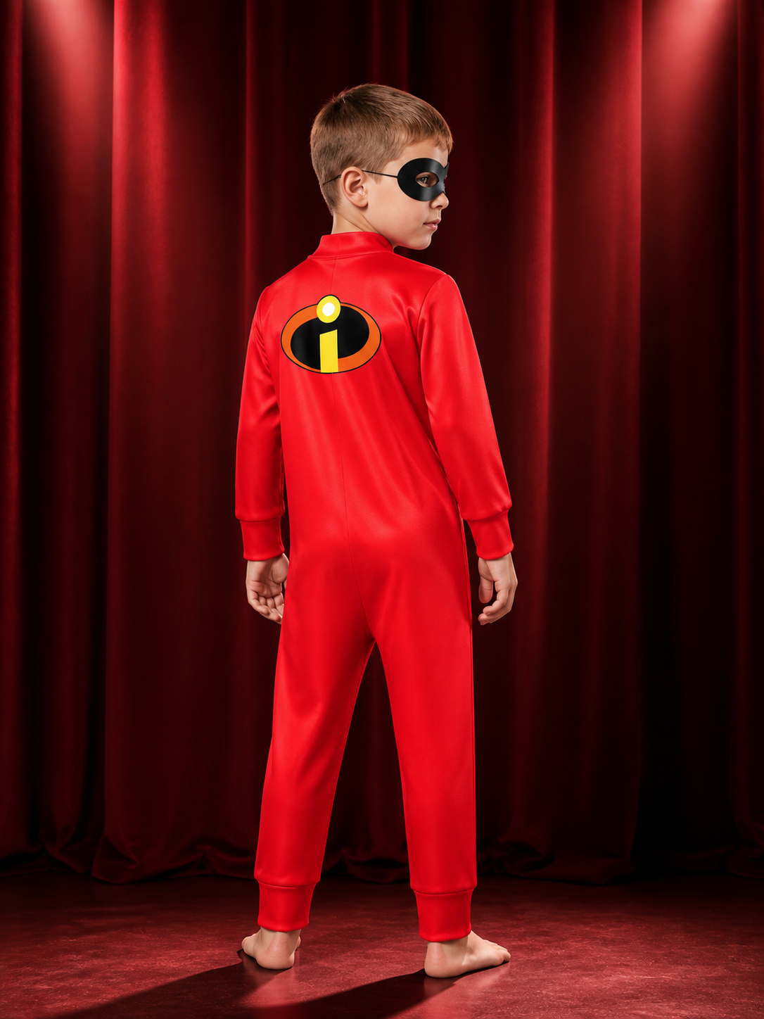 Kids' Red Superhero Long-Sleeve Bodysuit Costume With Character Mask back view