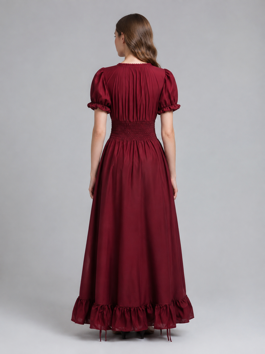 Long Burgundy Dress with a Square Neckline back view