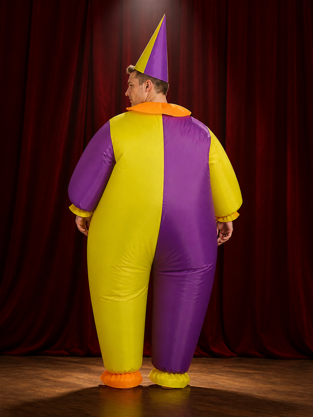 Inflatable Clown Jumpsuit Costume, Purple Yellow Split Color with Orange back view