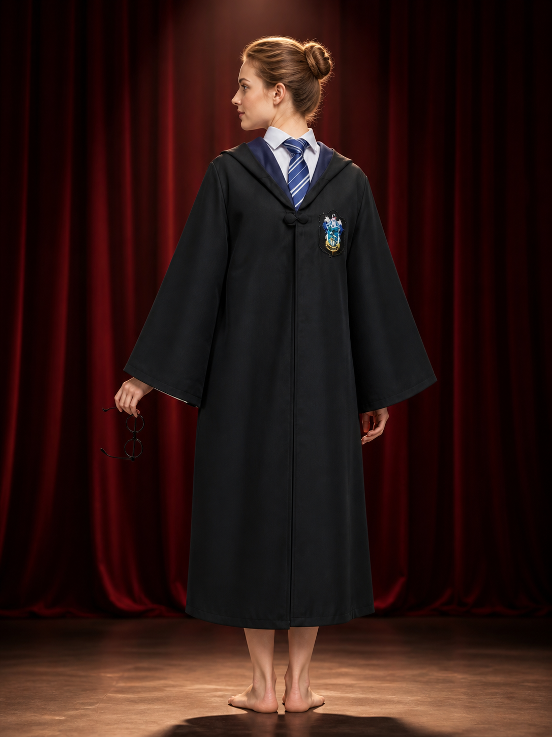 Wizard Costume Set With Hooded Robe, Striped Tie And Round Glasses back view