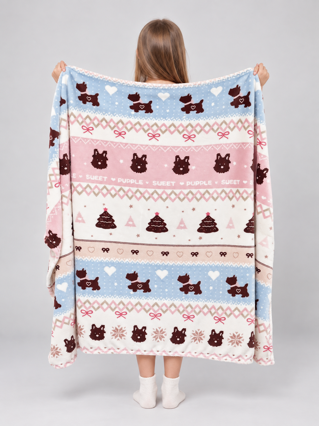 White double-sided milky velour blanket with a dog print