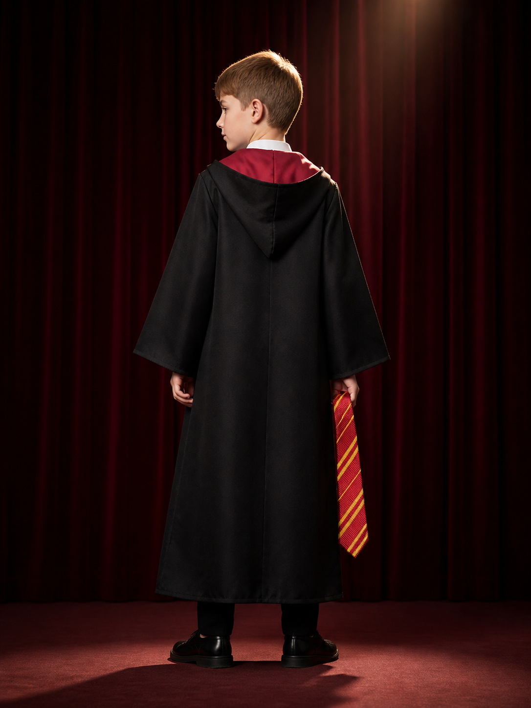 Children's Hooded Wizard Robe Costume Set With Tie and School Crest back view