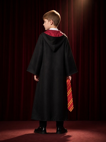 Children's Hooded Wizard Robe Costume Set With Tie and School Crest back view