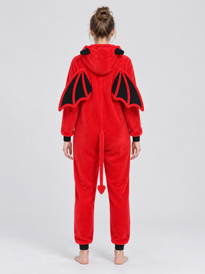 Red hooded jumpsuit pajama with wings and tail