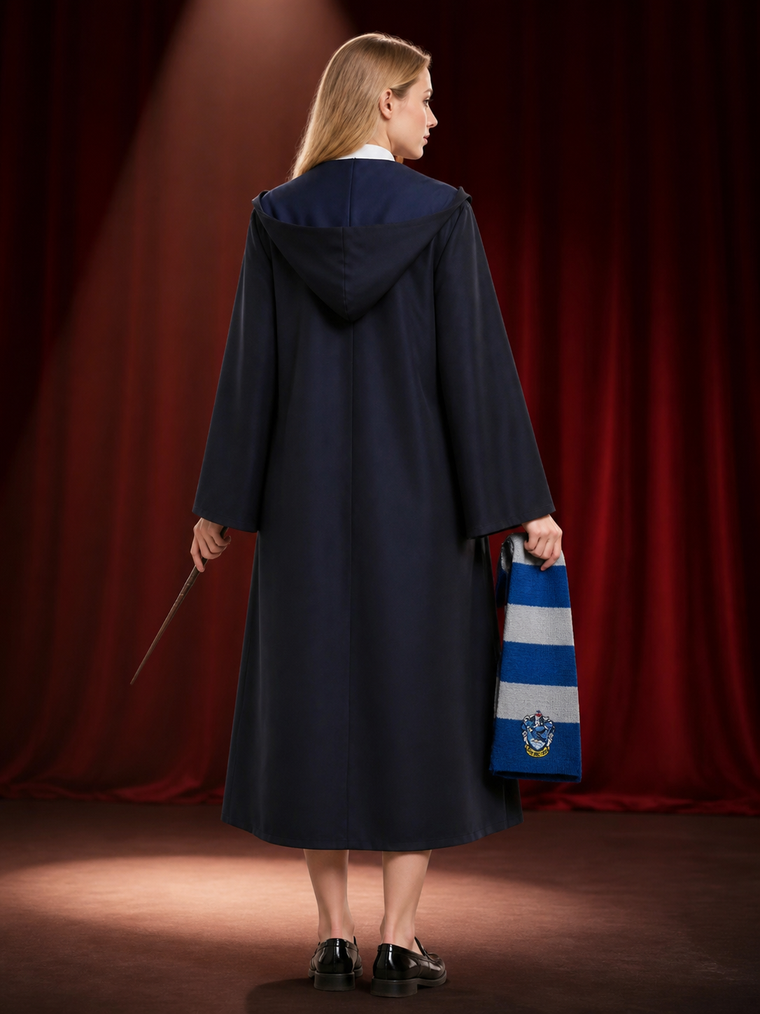 Dark Blue Academic Wizard Costume Set With Robe, Tie, And Scarf back view
