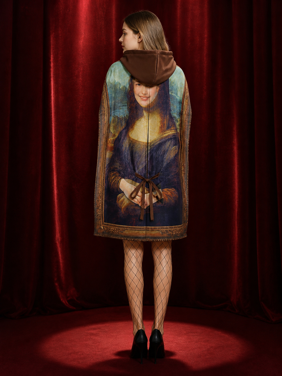 Unisex Mona Lisa Painting Bodysuit Halloween Costume, Funny Retro Parody back view